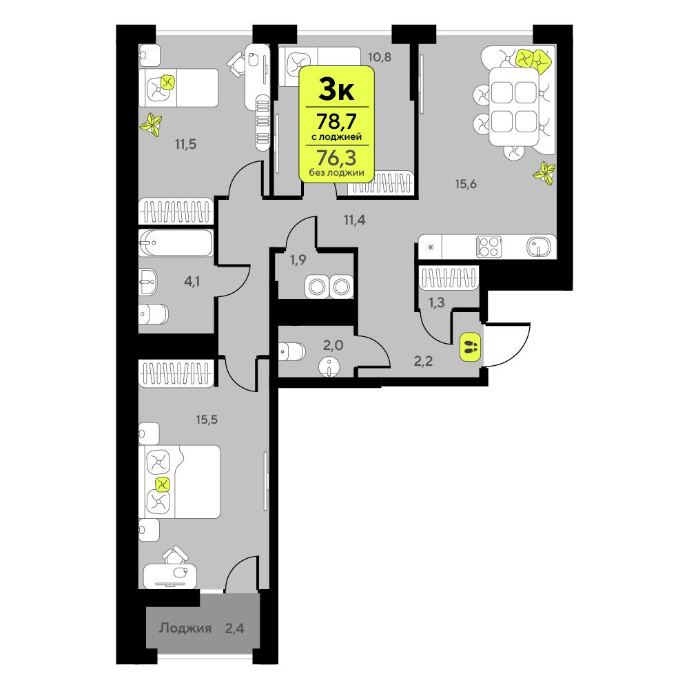 3-комнатная 78 м2 в ЖК Мотивы корпус null этаж 2