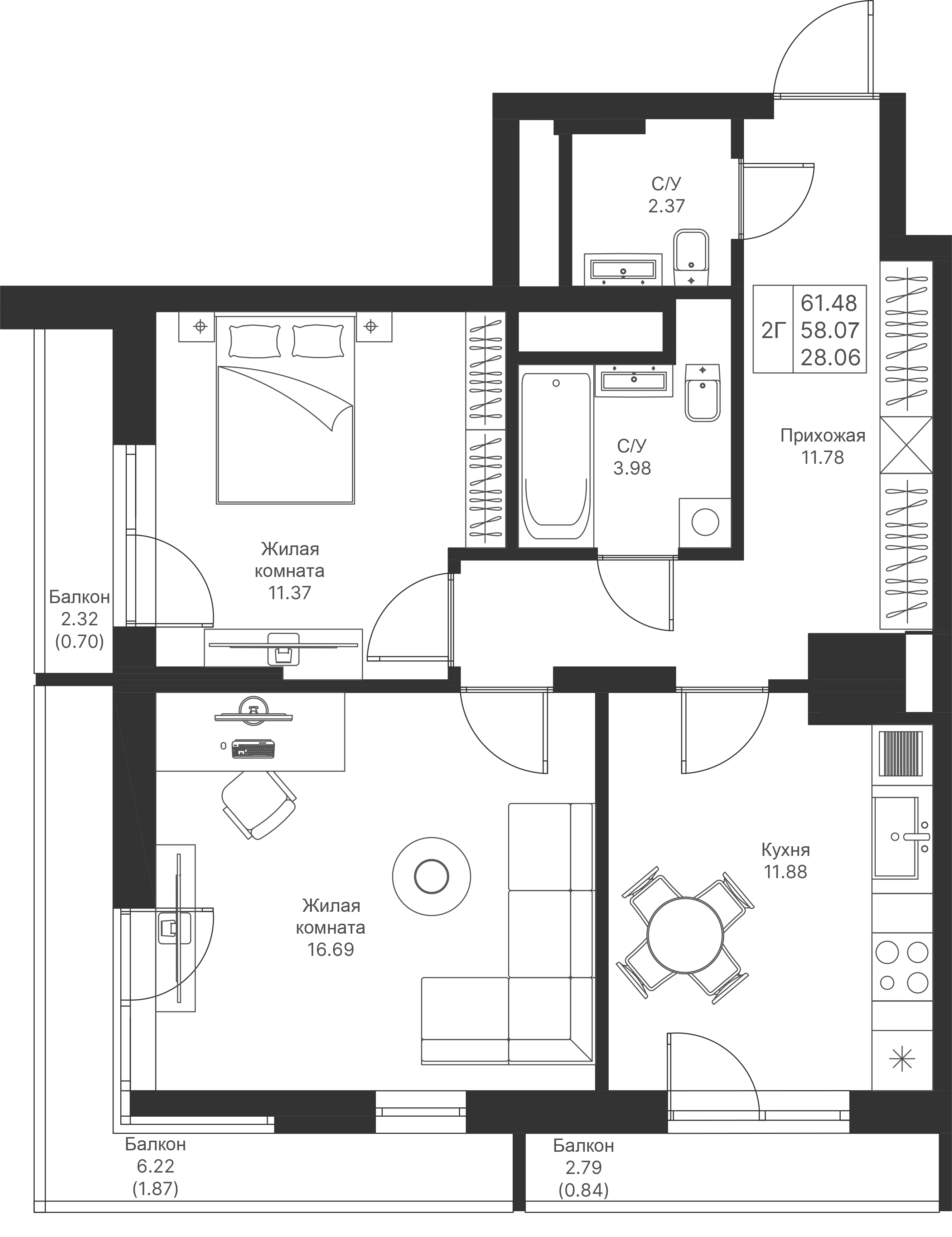2-комнатная 61 м2 в ЖК Мой Ритм корпус null этаж 15