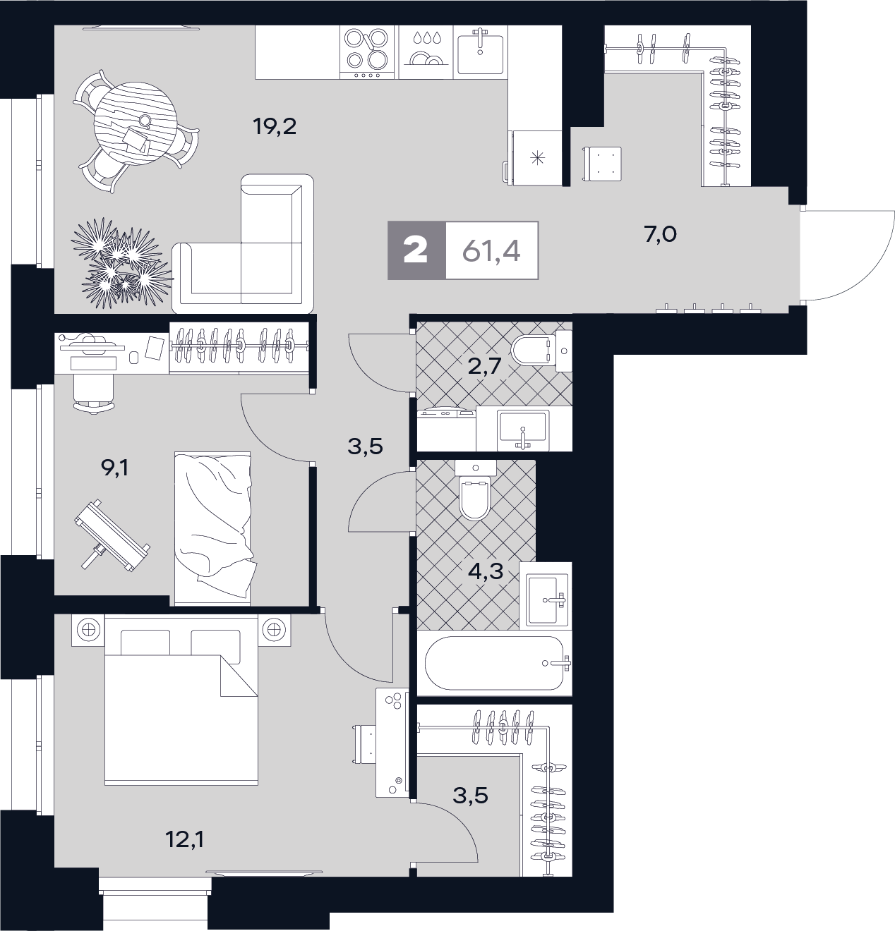 2-комнатная 61 м2 в ЖК Юту корпус null этаж 14