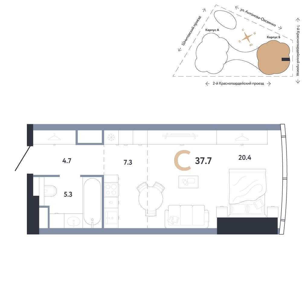Студия 37 м2 в ЖК АУРУС Резиденции корпус null этаж 24