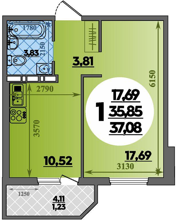 1-комнатная 37 м2 в ЖК Восточный корпус null этаж 11