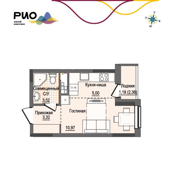 Студия 23 м2 в ЖК Рио корпус null этаж 4