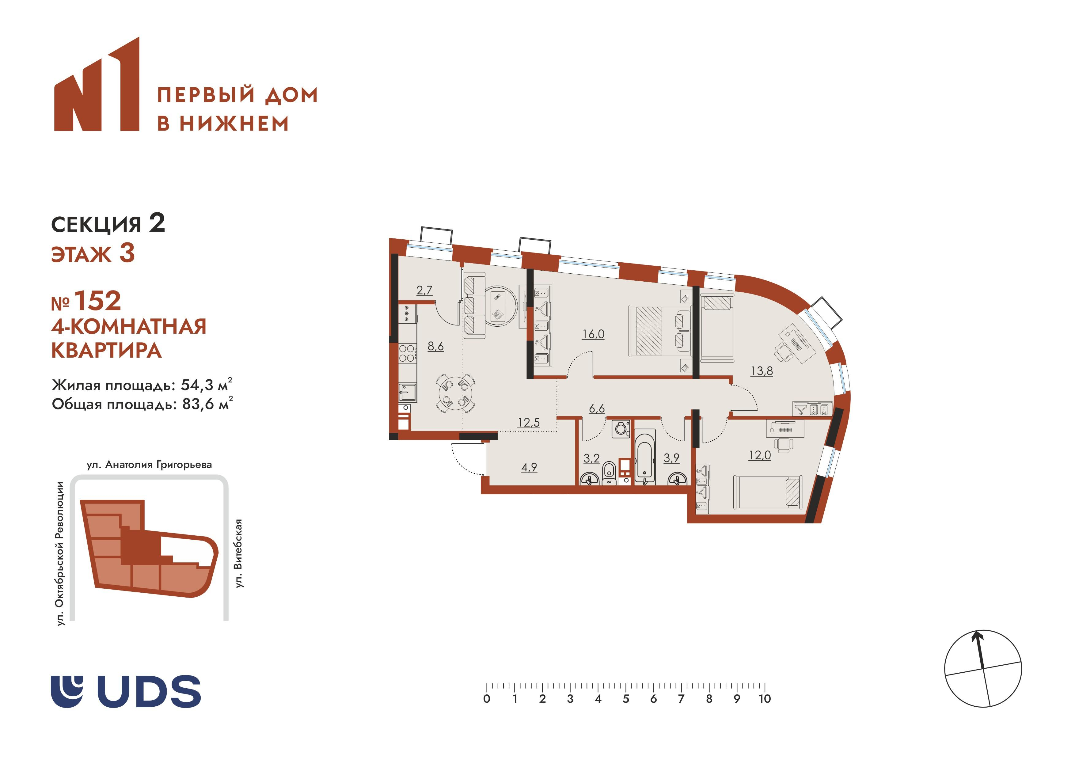 4-комнатная 83 м2 в ЖК N1 корпус null этаж 3