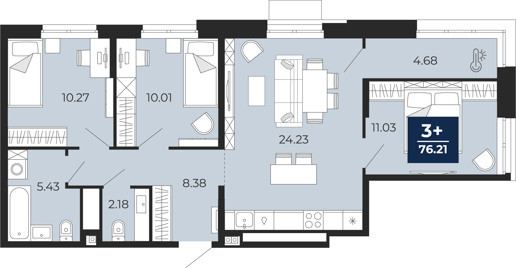 3-комнатная 76 м2 в ЖК Мириады корпус null этаж 8