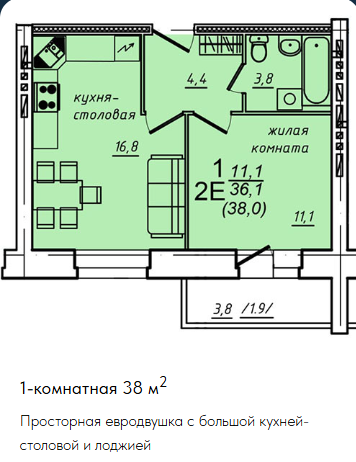 1-комнатная 38 м2 в ЖК undefined корпус null этаж 3