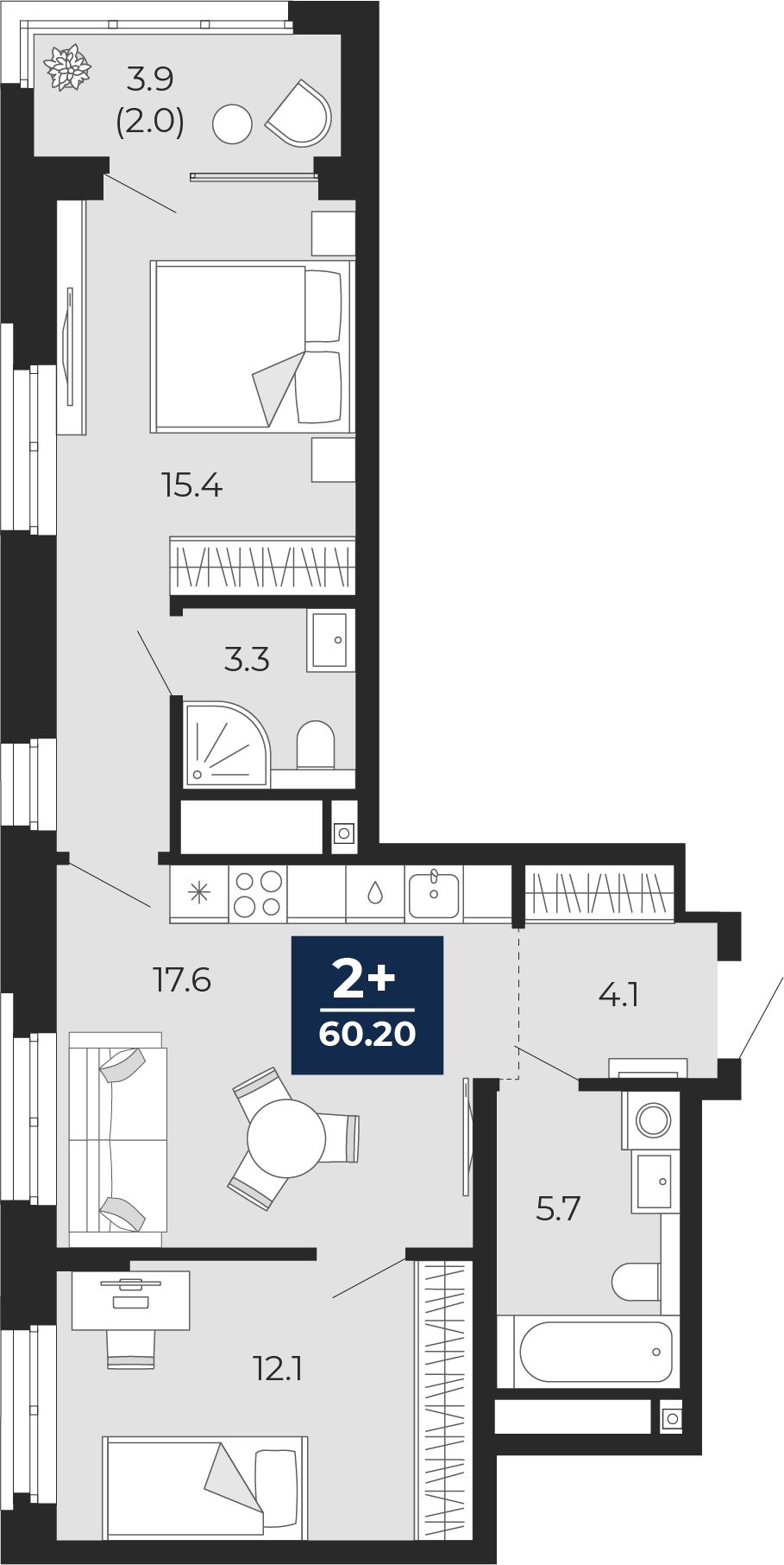 2-комнатная 58 м2 в ЖК Мириады корпус null этаж 10
