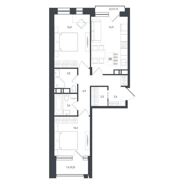2-комнатная 63 м2 в ЖК Новая Щербинка корпус null этаж 6