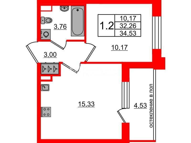 1-комнатная 32 м2 в ЖК Univer City корпус null этаж 1