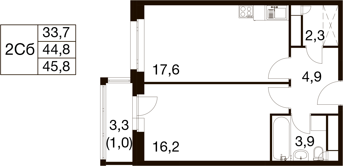 1-комнатная 44 м2 в ЖК Идеал корпус null этаж 15
