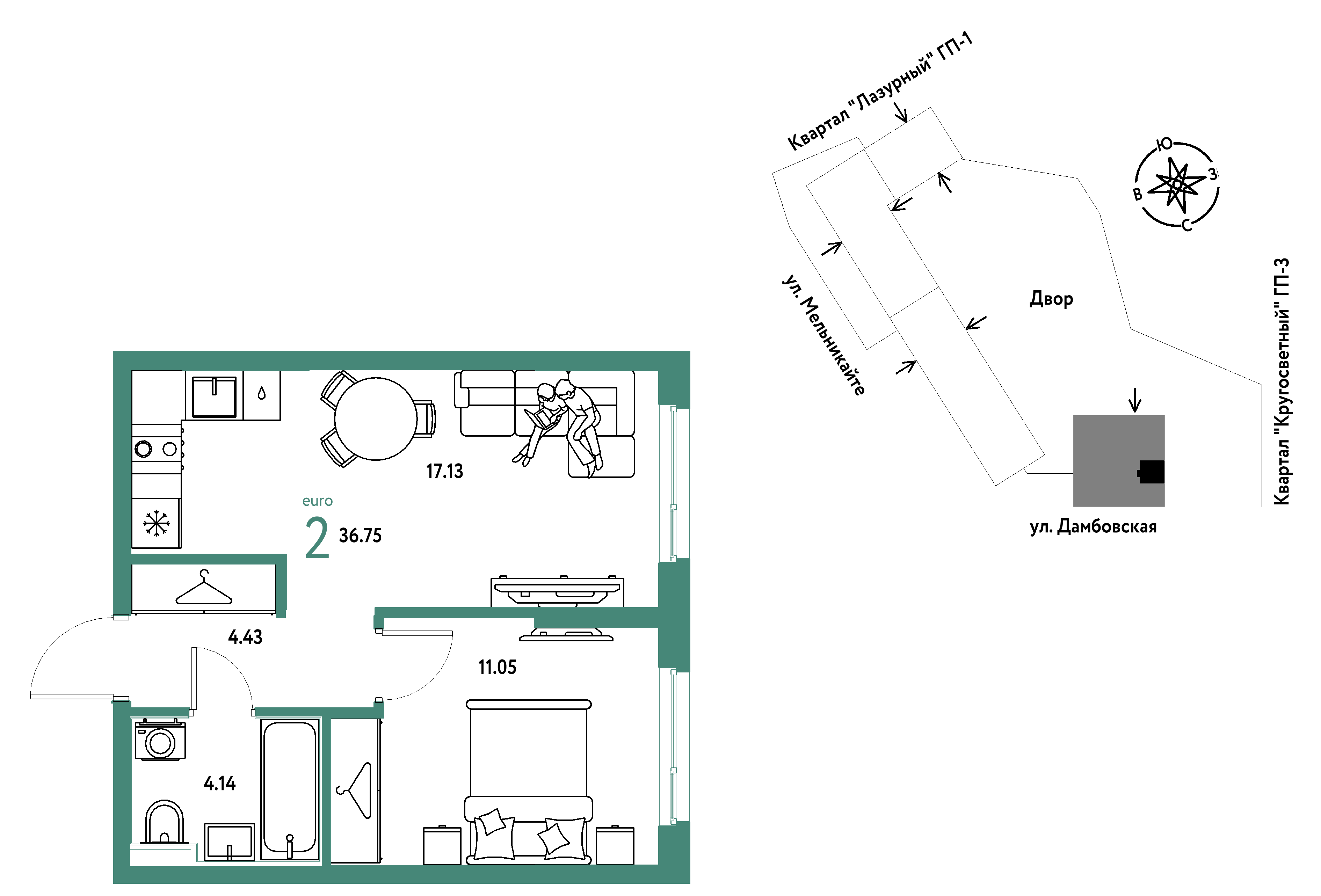 2-комнатная 36 м2 в ЖК Страна.Прибрежная корпус null этаж 5
