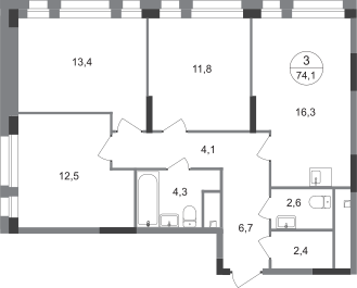 3-комнатная 74 м2 в ЖК Первый Московский корпус null этаж 2