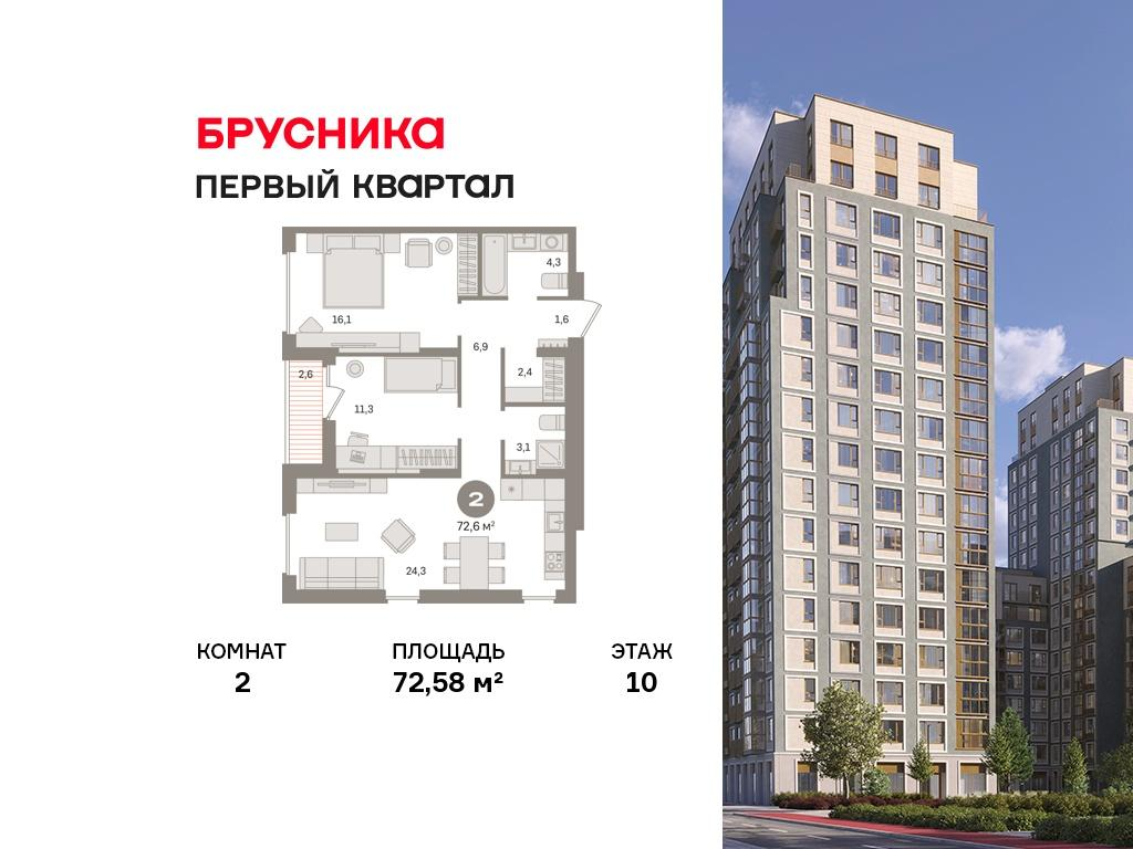 2-комнатная 72 м2 в ЖК Первый квартал корпус null этаж 10