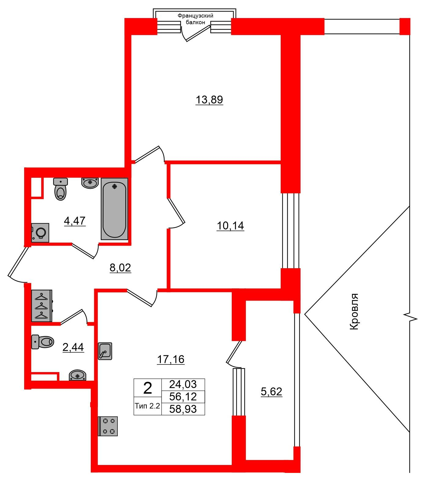 2-комнатная 56 м2 в ЖК Сэтл Ривьера корпус null этаж 2