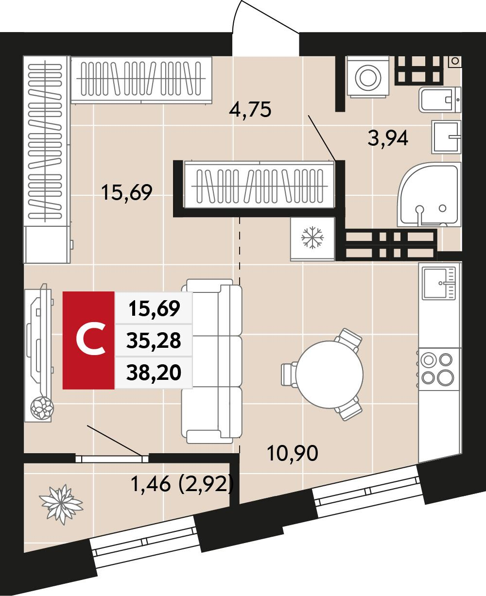 1-комнатная 38 м2 в ЖК Невский корпус null этаж 12