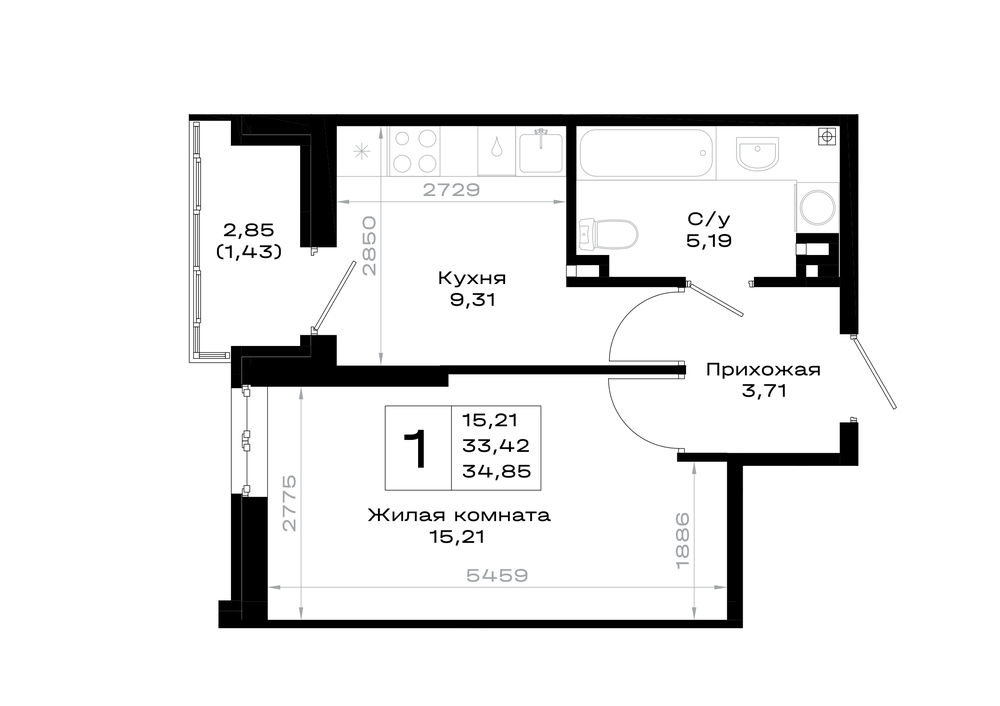 1-комнатная 34 м2 в ЖК Октябрь парк корпус null этаж 2