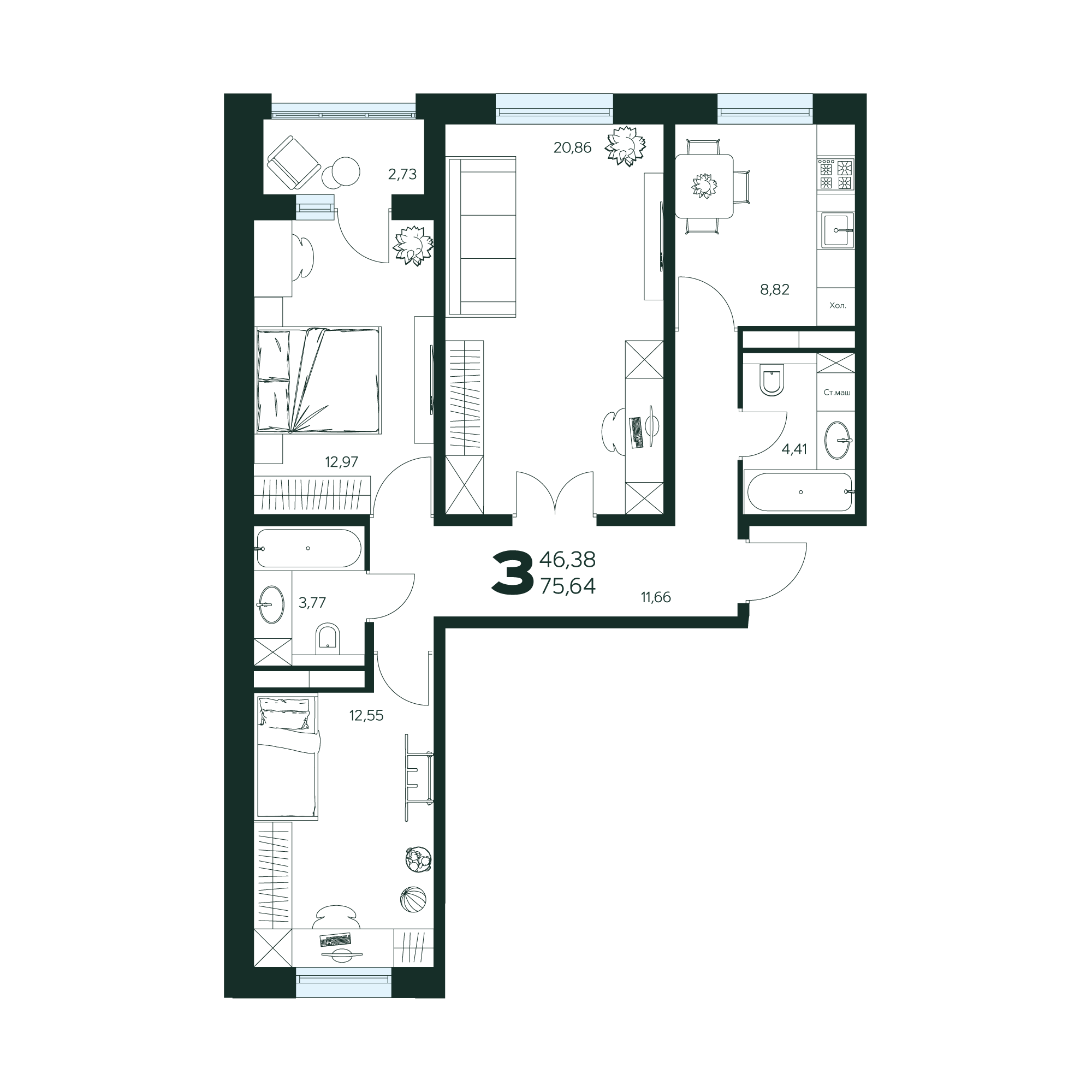 3-комнатная 75 м2 в ЖК Ласточкино корпус null этаж 2