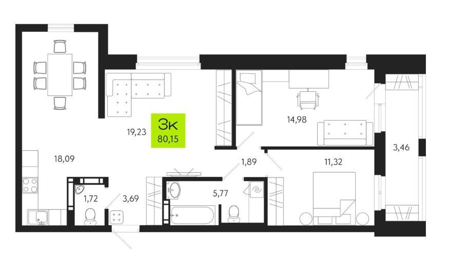 3-комнатная 80.2 м2 в ЖК undefined корпус null этаж 14