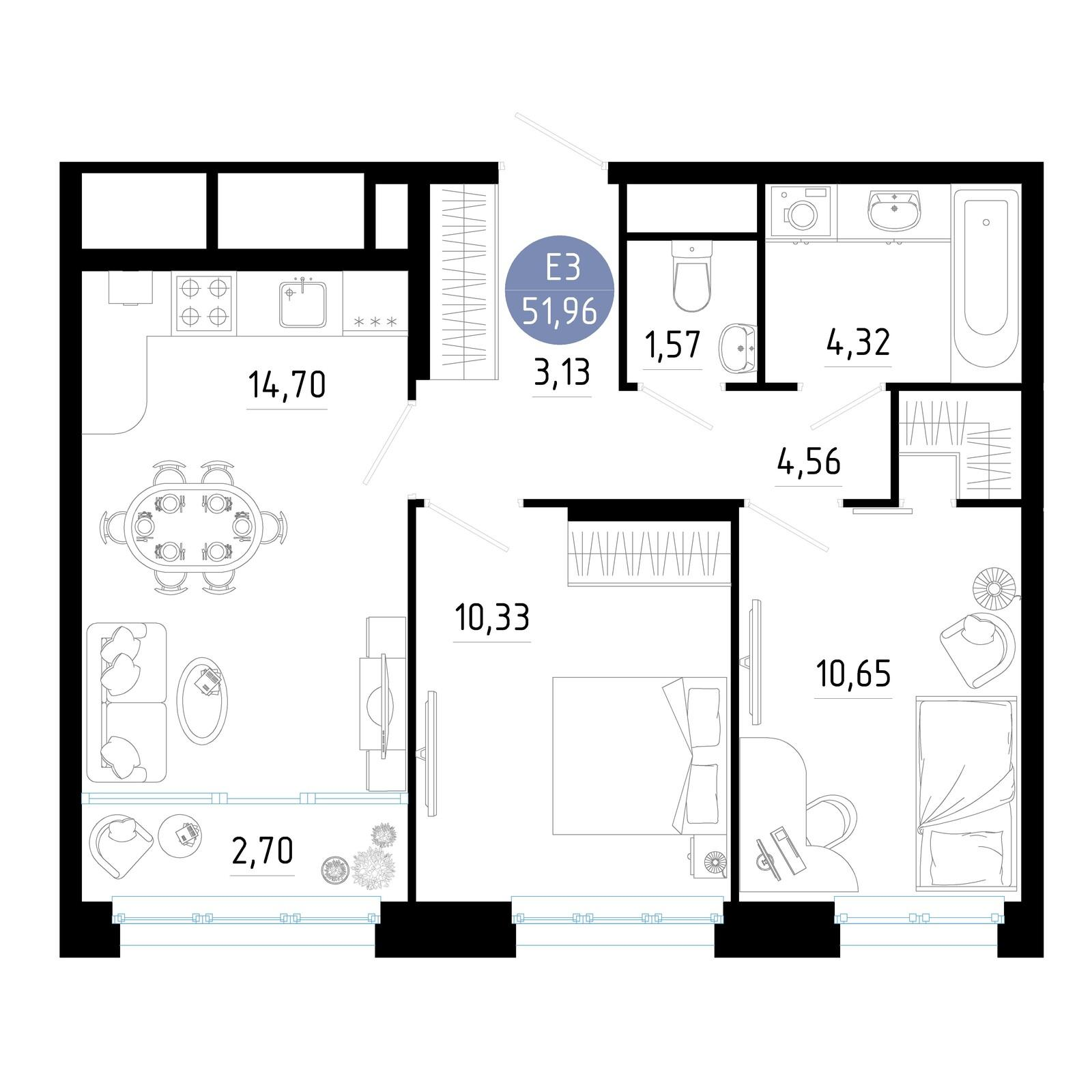 2-комнатная 51 м2 в ЖК Роща корпус null этаж 12