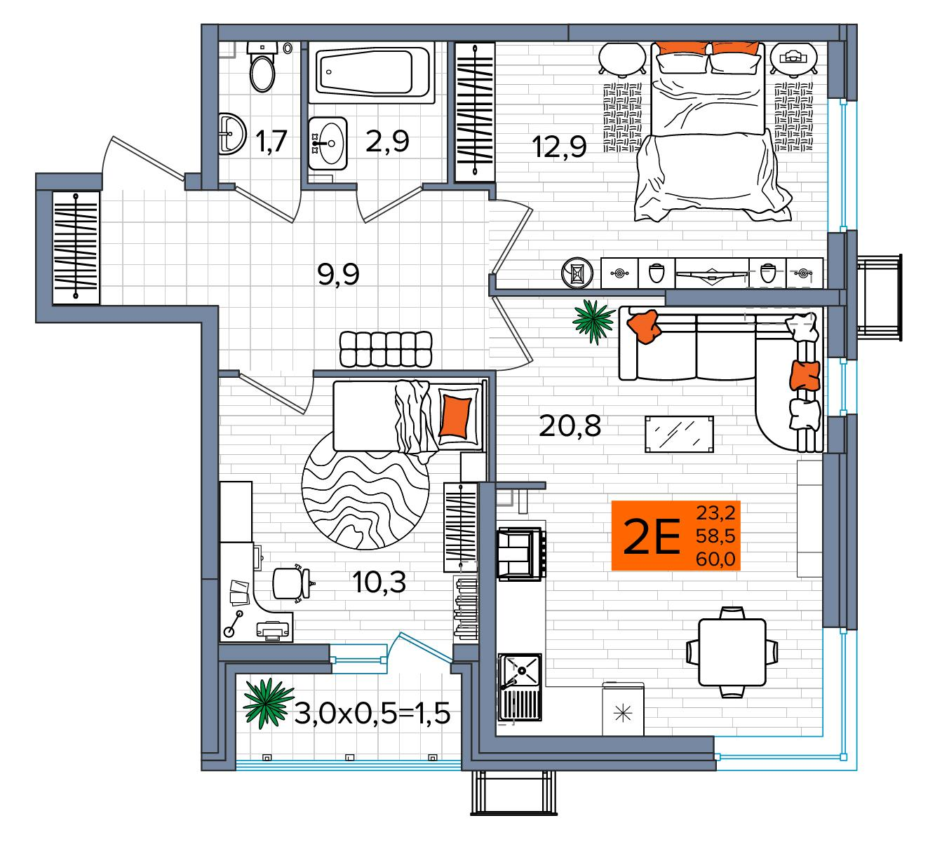 2-комнатная 60 м2 в ЖК Сармат корпус null этаж 2