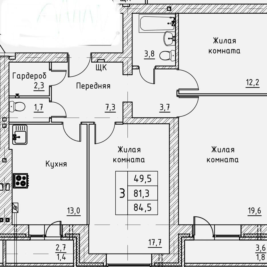 3-комнатная 84.5 м2 в ЖК undefined корпус null этаж 4