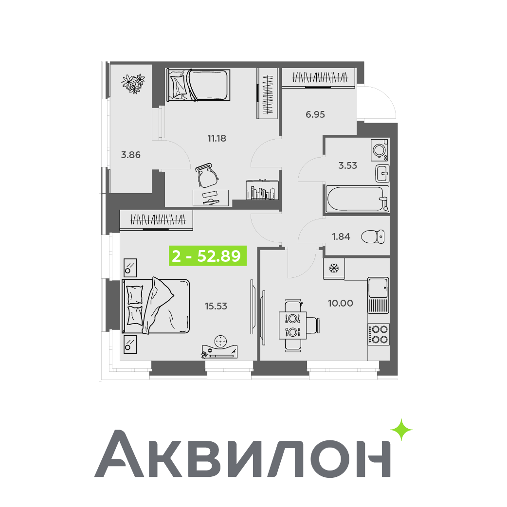 2-комнатная 52 м2 в ЖК Аквилон АКВАРТАЛ корпус null этаж 1