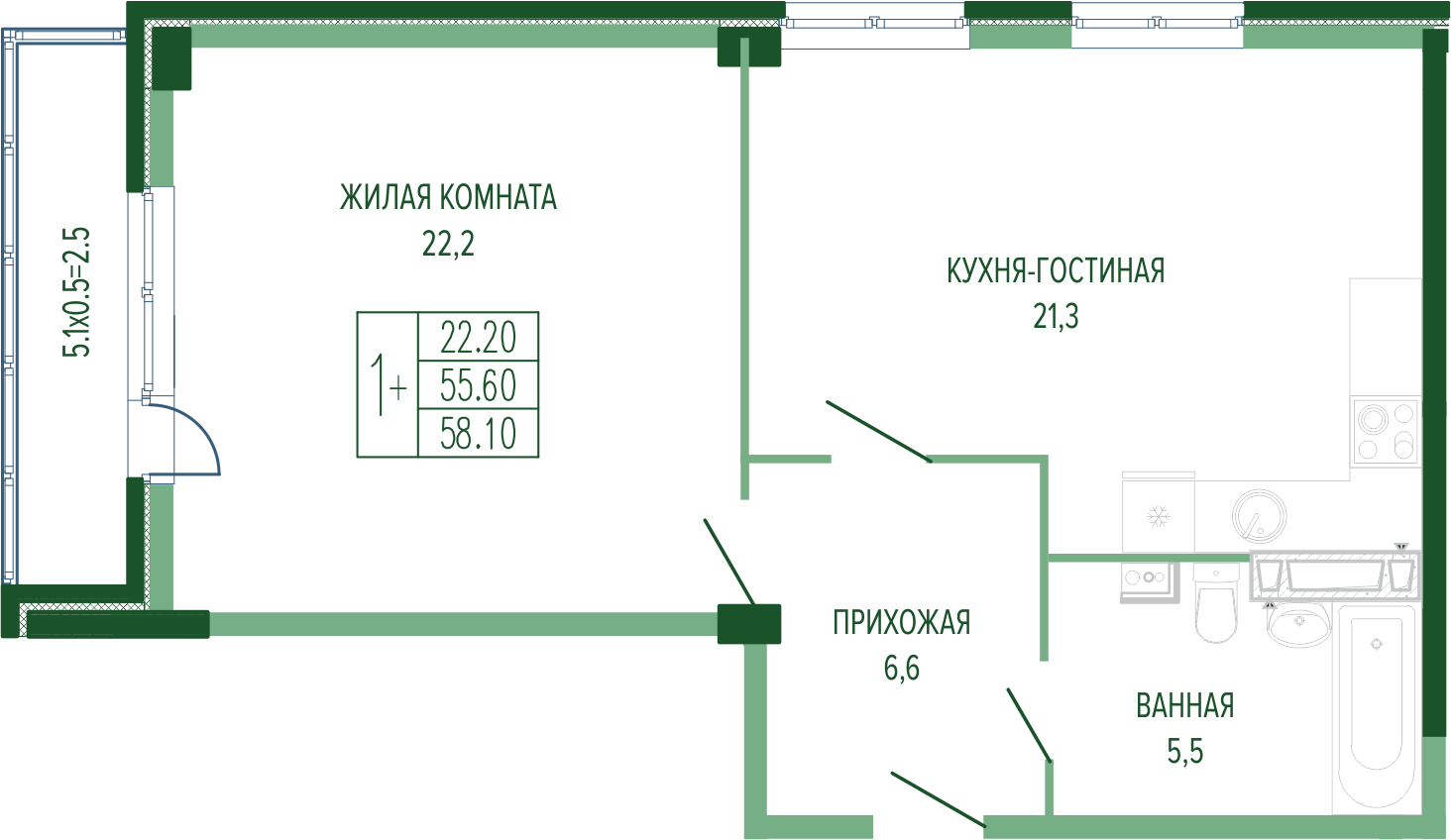 1-комнатная 58 м2 в ЖК Екатерининский Парк корпус null этаж 5