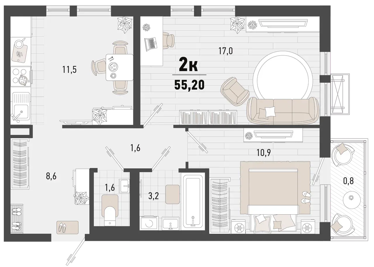 2-комнатная 55 м2 в ЖК Барса корпус null этаж 5