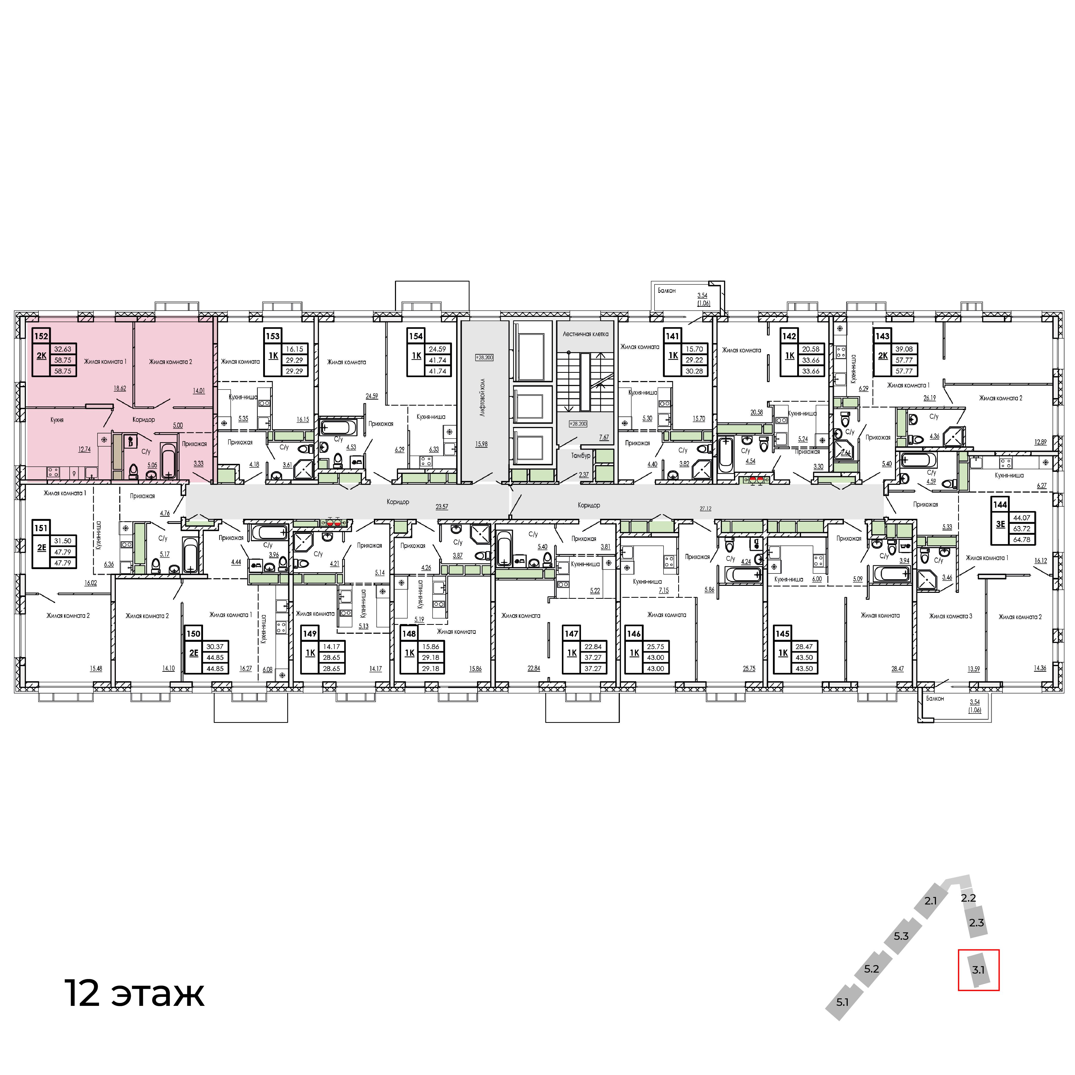 2-комнатная 58 м2 в ЖК Сенсация корпус null этаж 12