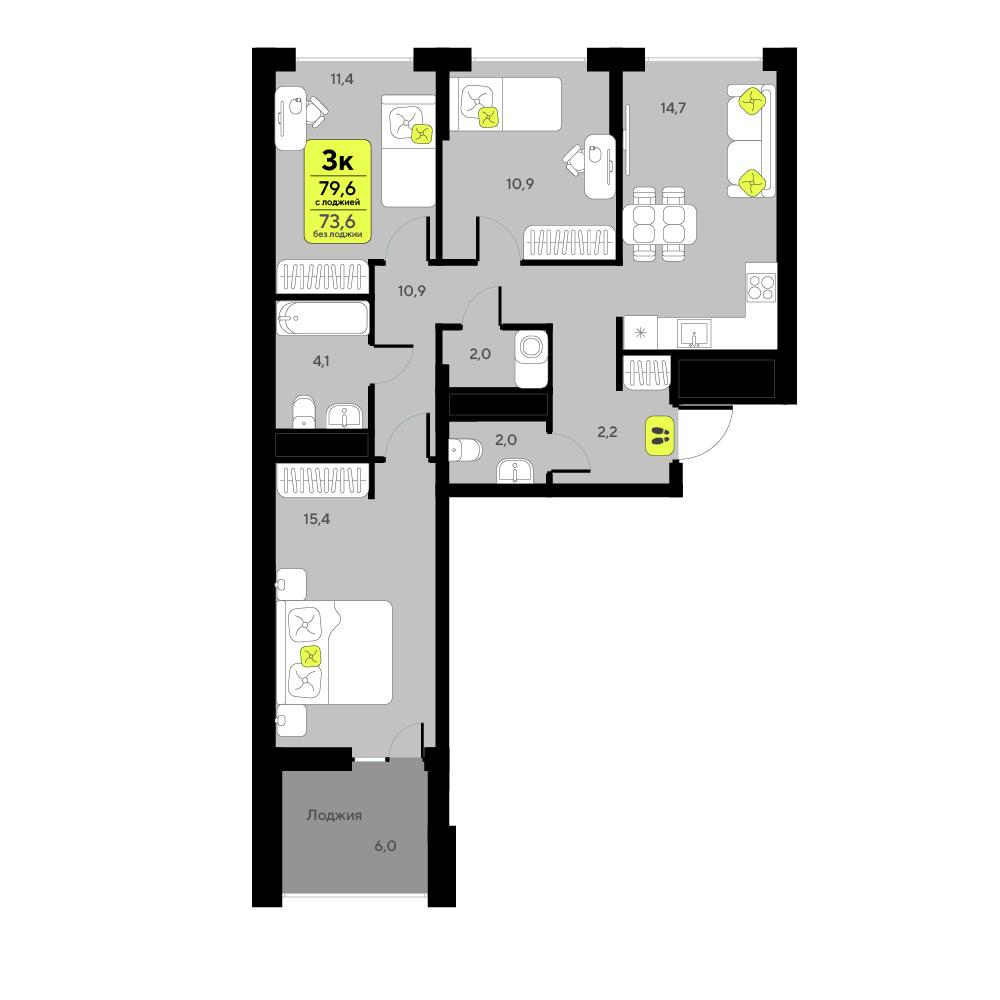 3-комнатная 79 м2 в ЖК Мотивы корпус null этаж 12