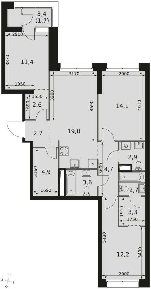 3-комнатная 85 м2 в ЖК Скай Гарден корпус null этаж 13