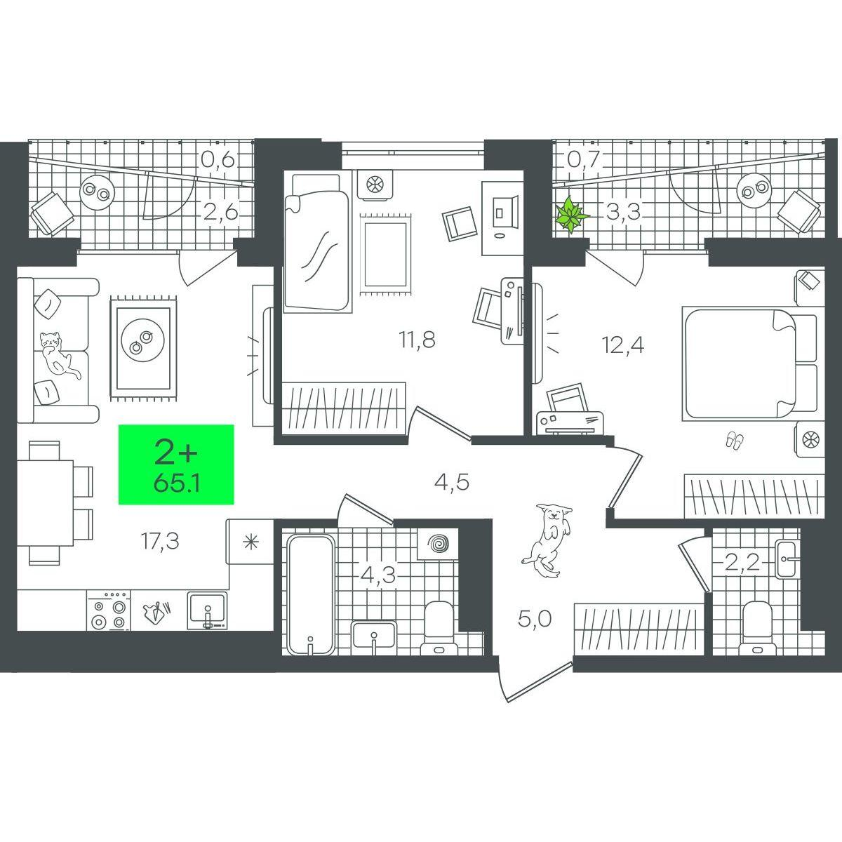 2-комнатная 65 м2 в ЖК Гранд Квартал корпус null этаж 14