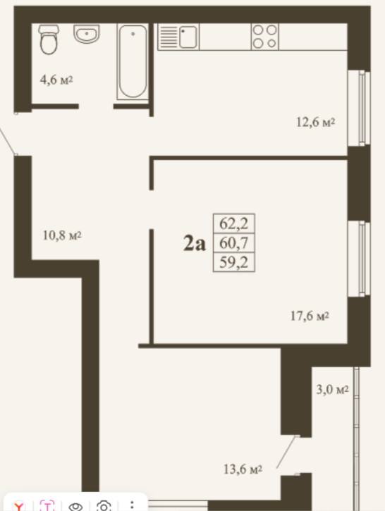 2-комнатная 62.2 м2 в ЖК undefined корпус null этаж 4
