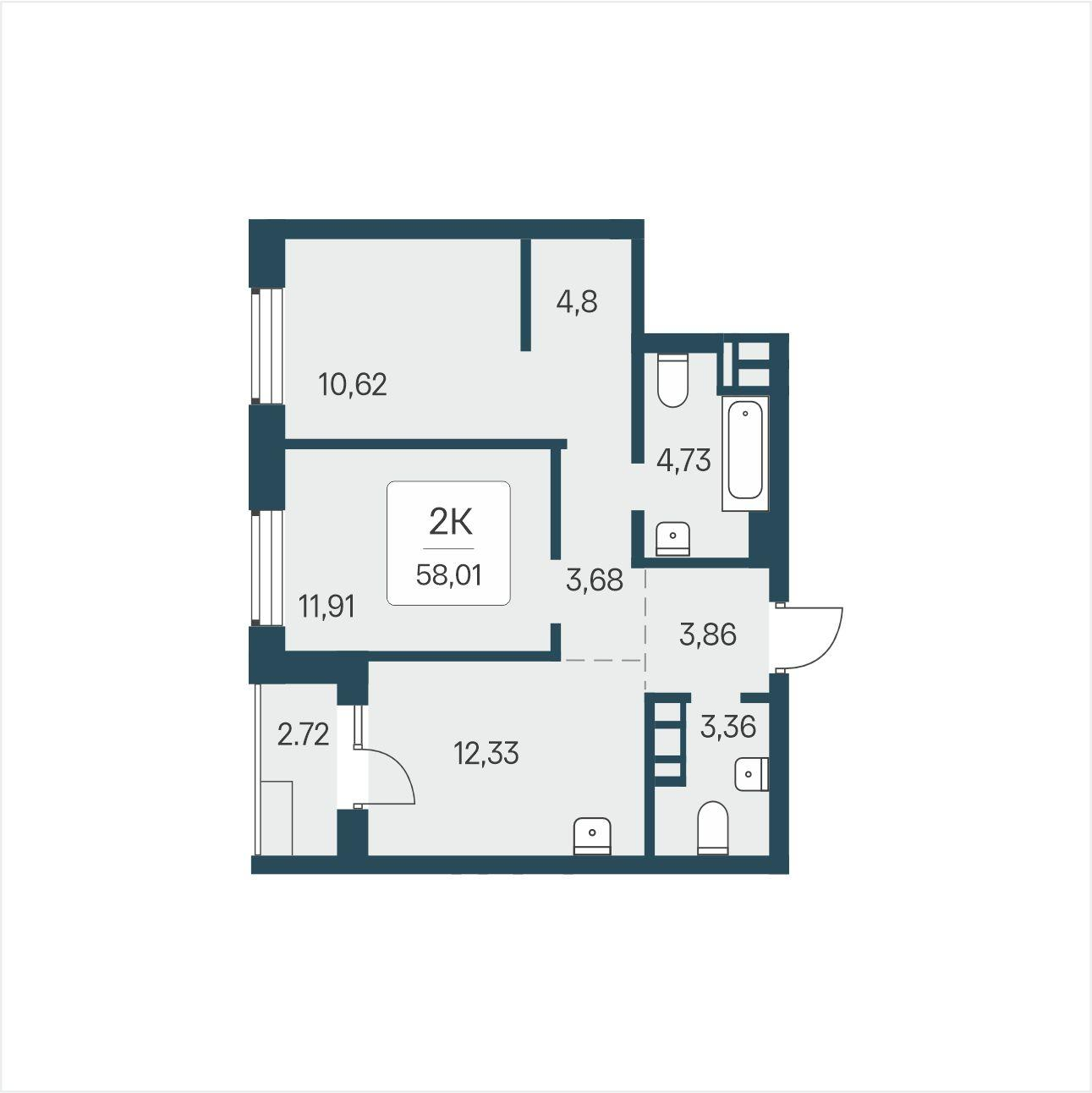 2-комнатная 58 м2 в ЖК Расцветай в Солнечном корпус null этаж 7