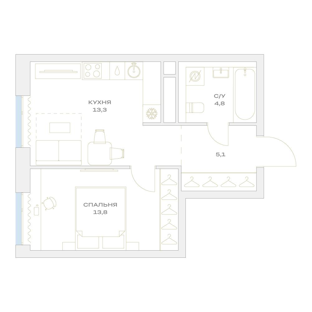 1-комнатная 37 м2 в ЖК Детали корпус null этаж 18