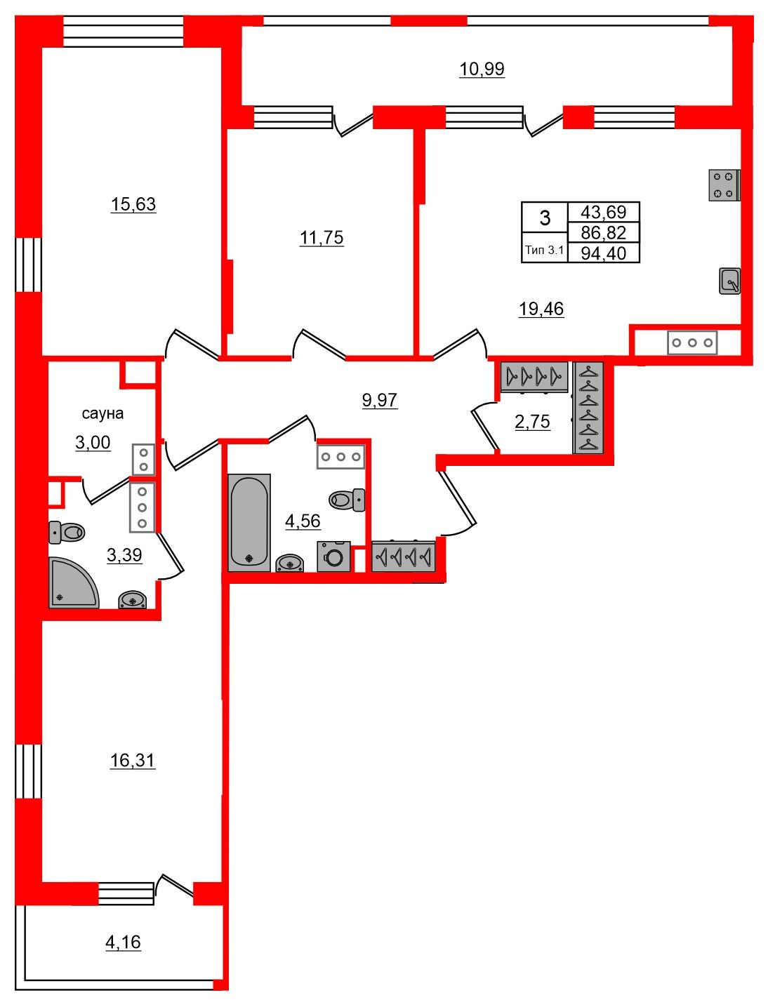 3-комнатная 86 м2 в ЖК Setl Ривьера корпус null этаж 6