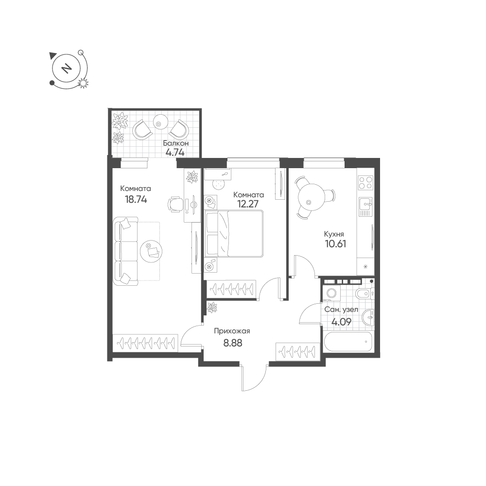2-комнатная 56 м2 в ЖК Балтым-Парк корпус null этаж 2