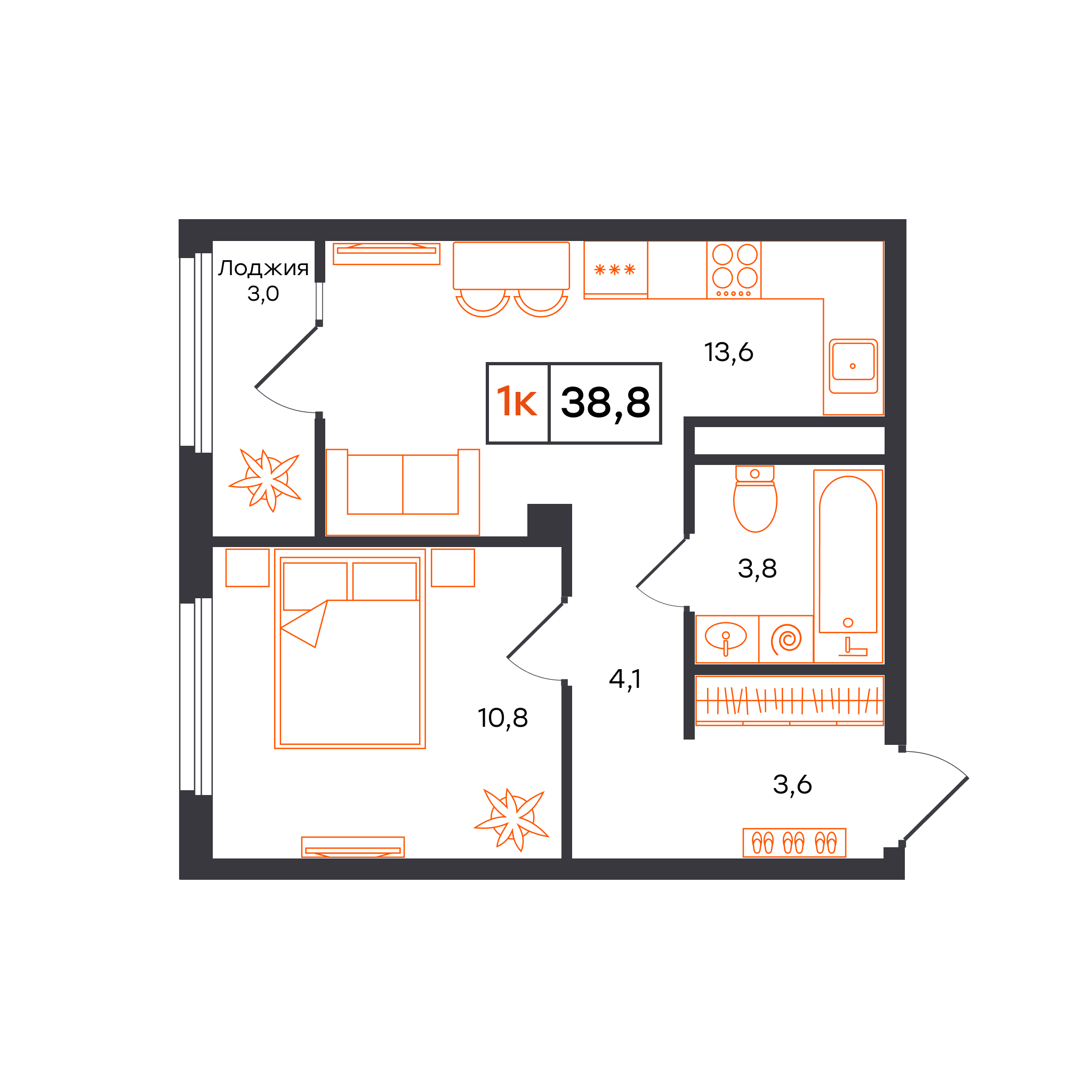 1-комнатная 38 м2 в ЖК Отличие корпус null этаж 13