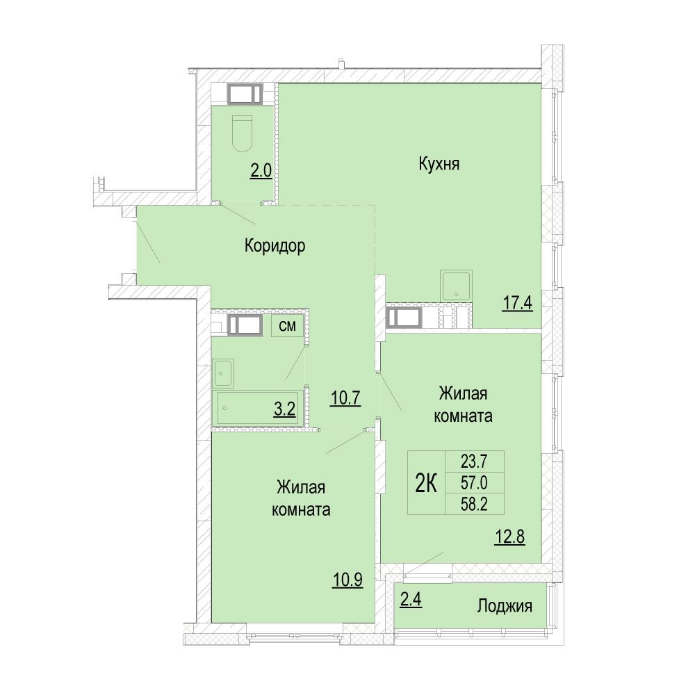 2-комнатная 58 м2 в ЖК Кузнечиха Город корпус null этаж 7