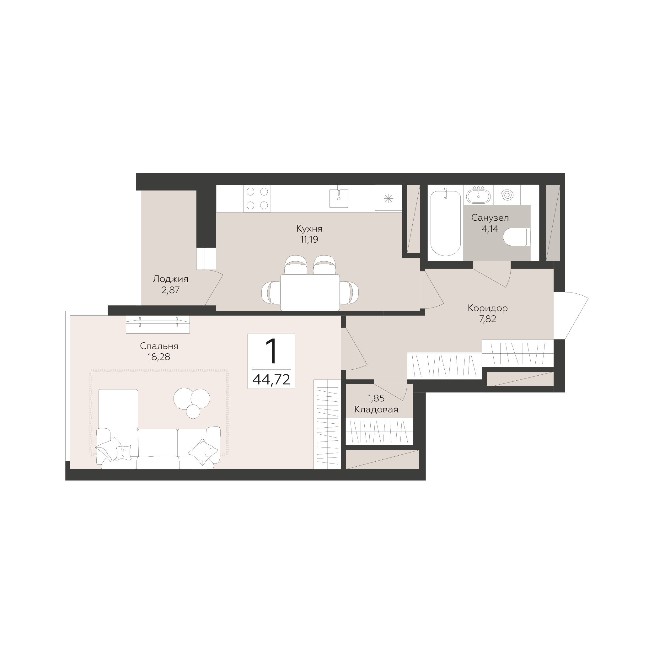 1-комнатная 44 м2 в ЖК Скай корпус null этаж 11