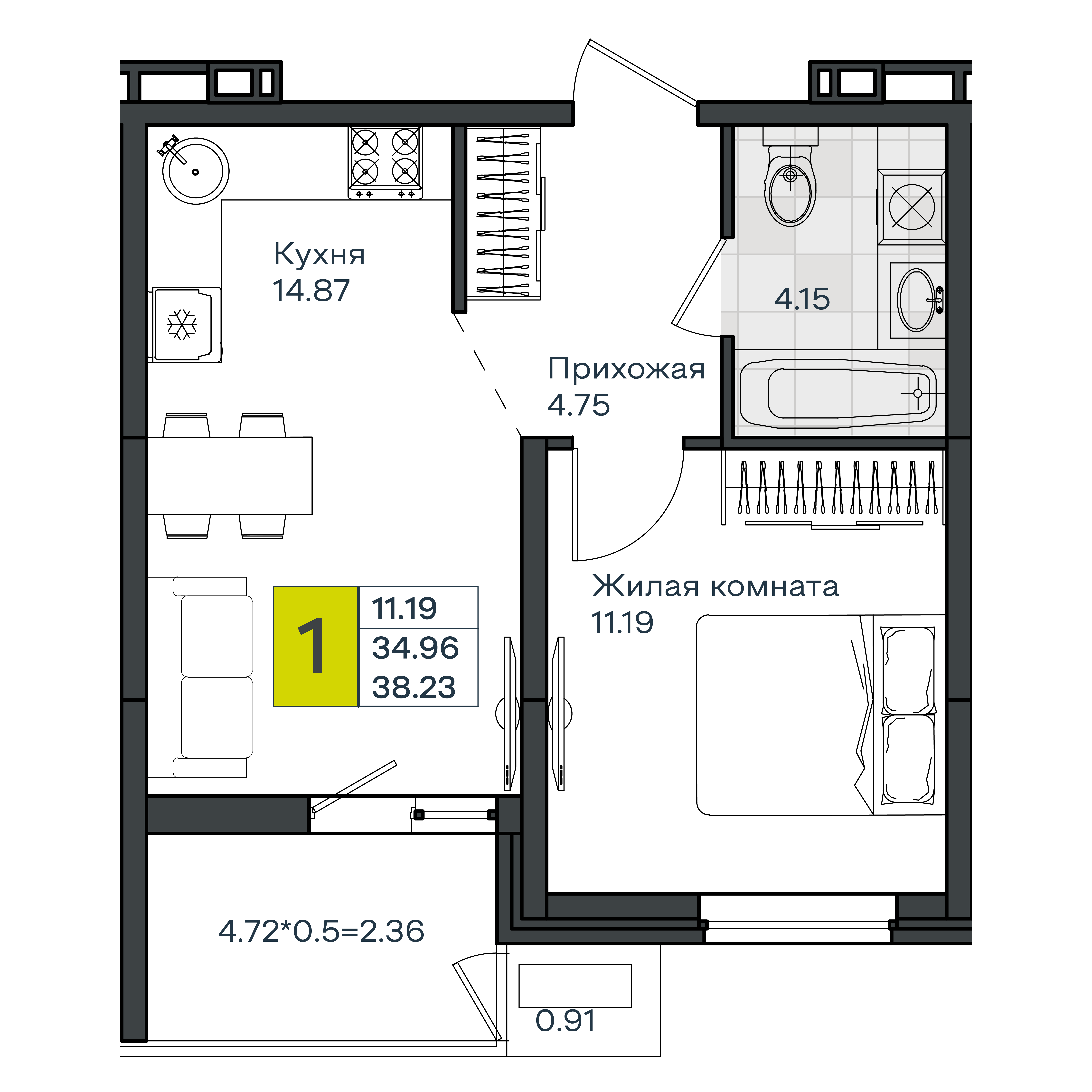 1-комнатная 38 м2 в ЖК МОНО Квартал корпус null этаж 4