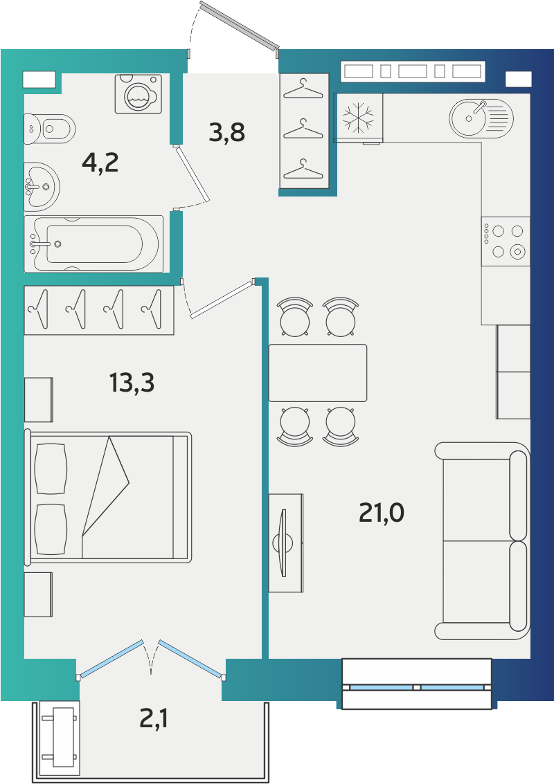 1-комнатная 43 м2 в ЖК Экополис корпус null этаж 2