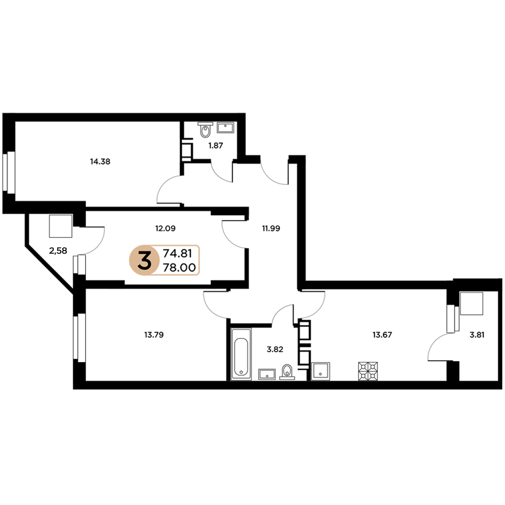 3-комнатная 76 м2 в ЖК Московский корпус null этаж 5