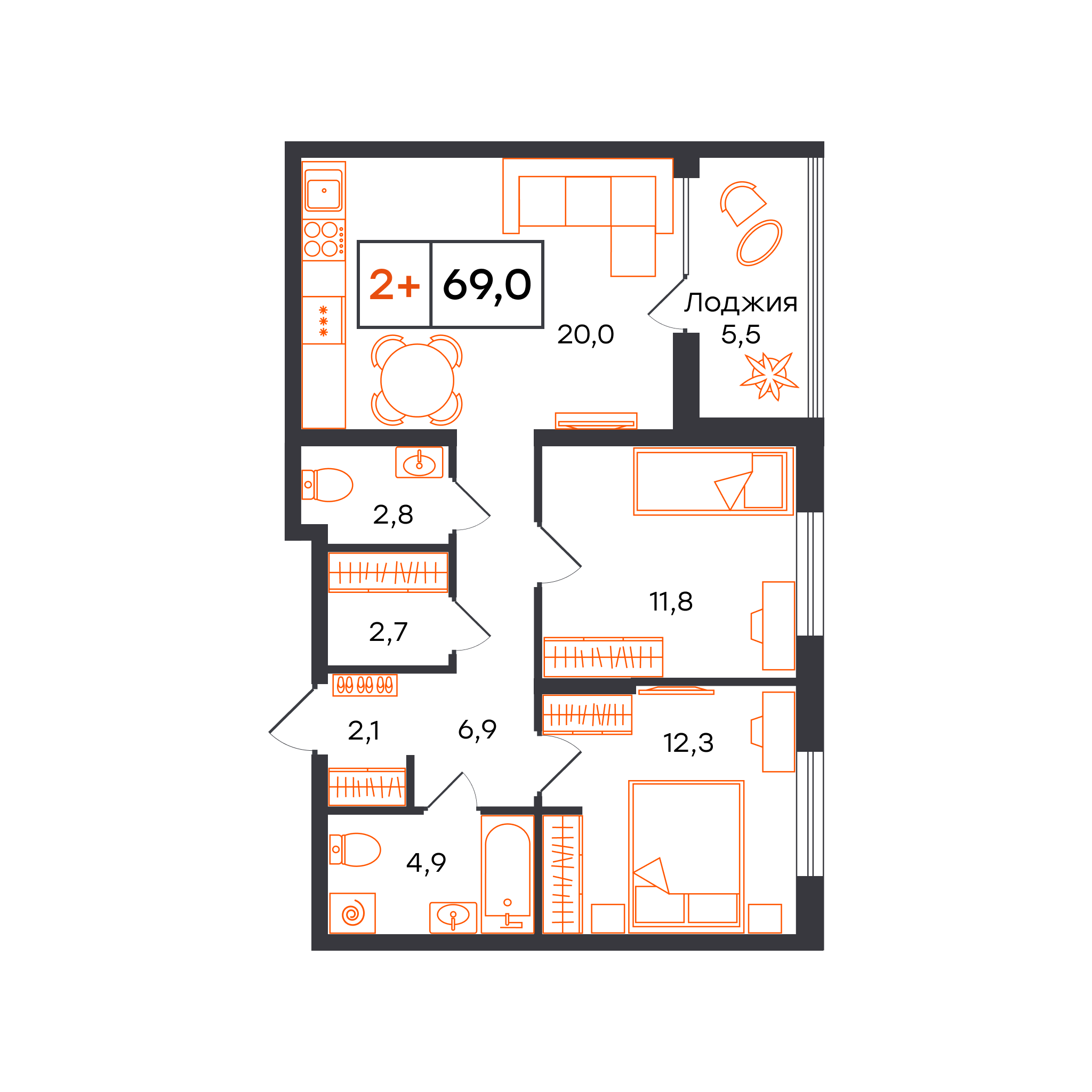 2-комнатная 69 м2 в ЖК Чемпионский корпус null этаж 14