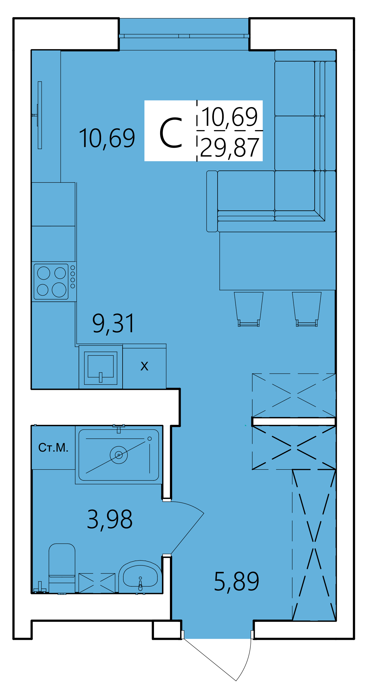 Студия 29 м2 в ЖК Волна корпус null этаж 2