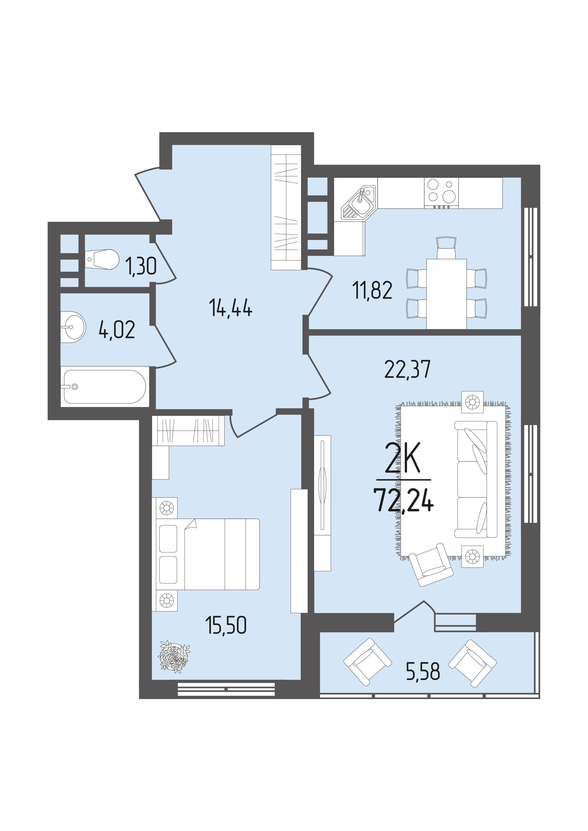 2-комнатная 72 м2 в ЖК Кумир корпус null этаж 7