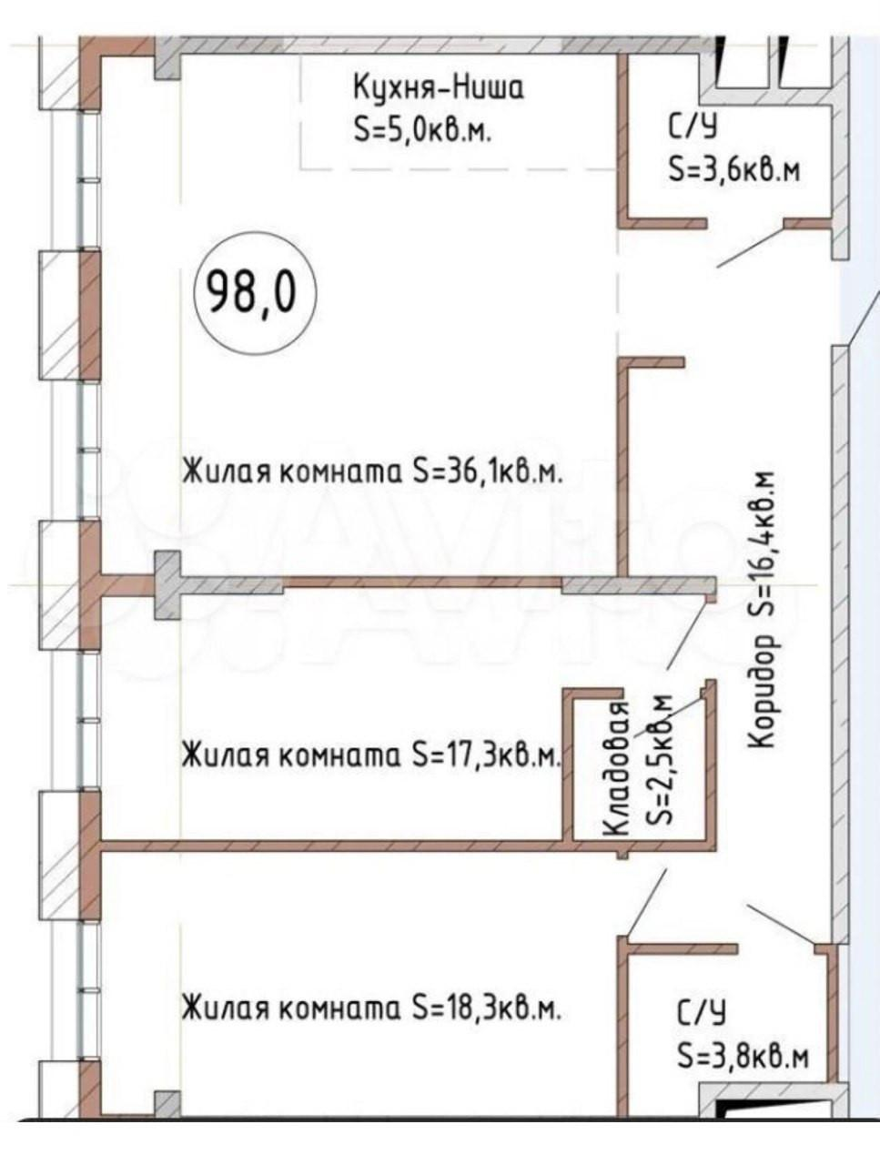 3-комнатная 98 м2 в ЖК undefined корпус null этаж 6