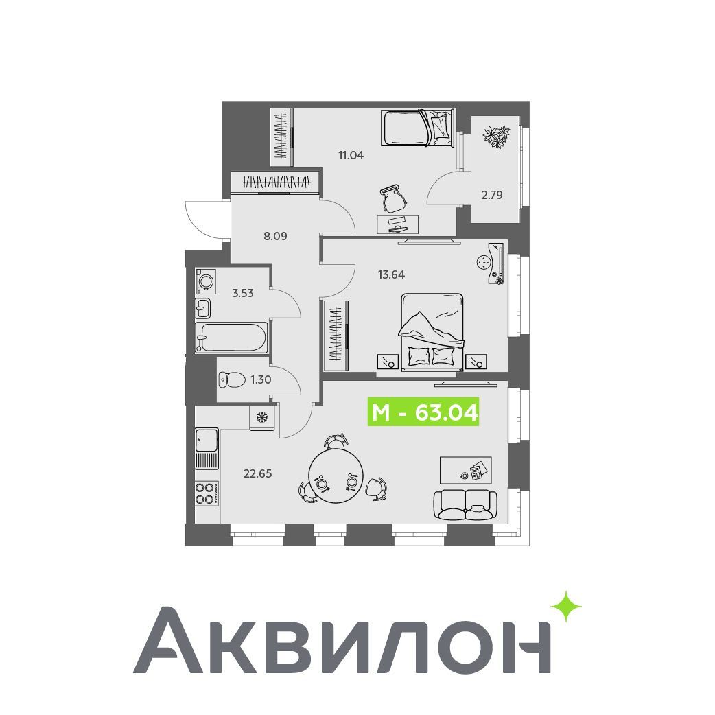 Студия 63 м2 в ЖК Аквилон АКВАРТАЛ корпус null этаж 15