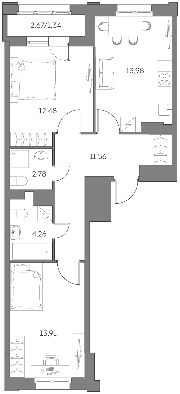 2-комнатная 60 м2 в ЖК Аквилон Beside 2.0 корпус null этаж 10
