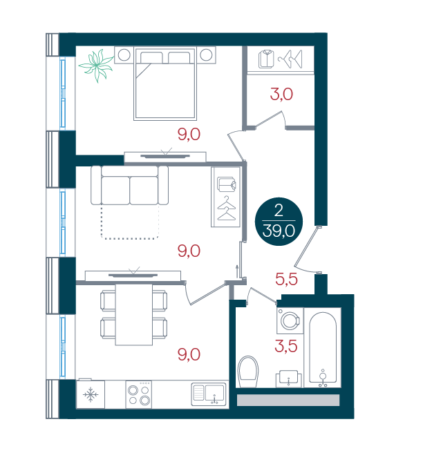 2-комнатная 39 м2 в ЖК Русич Кантемировский корпус null этаж 17