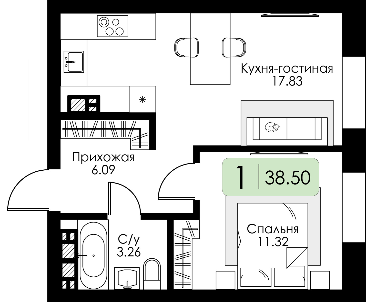 1-комнатная 38 м2 в ЖК Урбан Парк корпус null этаж 2
